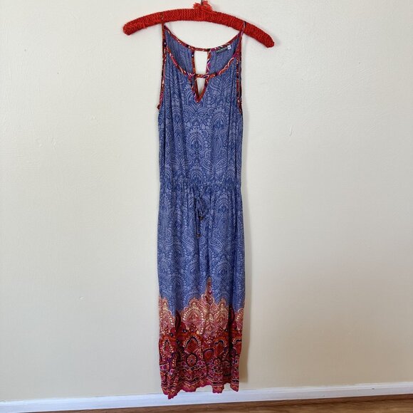 Earthbound Trading Co Sleeveless Maxi Dress S Blue & Red Rayon & Cotton Boho - Picture 1 of 8